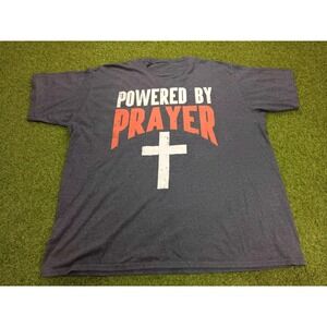 Powered By Prayer T-Shirt Mens L‎ Gray Graphics Cross Jesus Christian Crew Neck